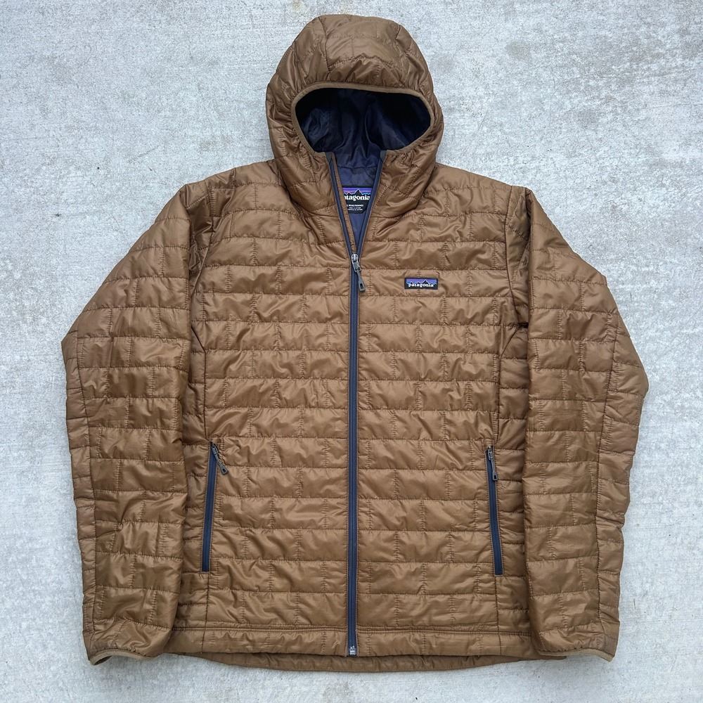 Patagonia Nano Puff Hoody Mens Large Brown Tan Quilted Insulated Puffer Jacket L